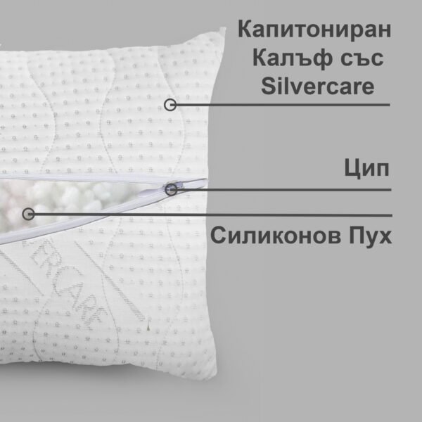 „Silvercare“ Възглавница за Сън със Сребърни Нишки и Силиконов Пух, Сваляема Калъфка